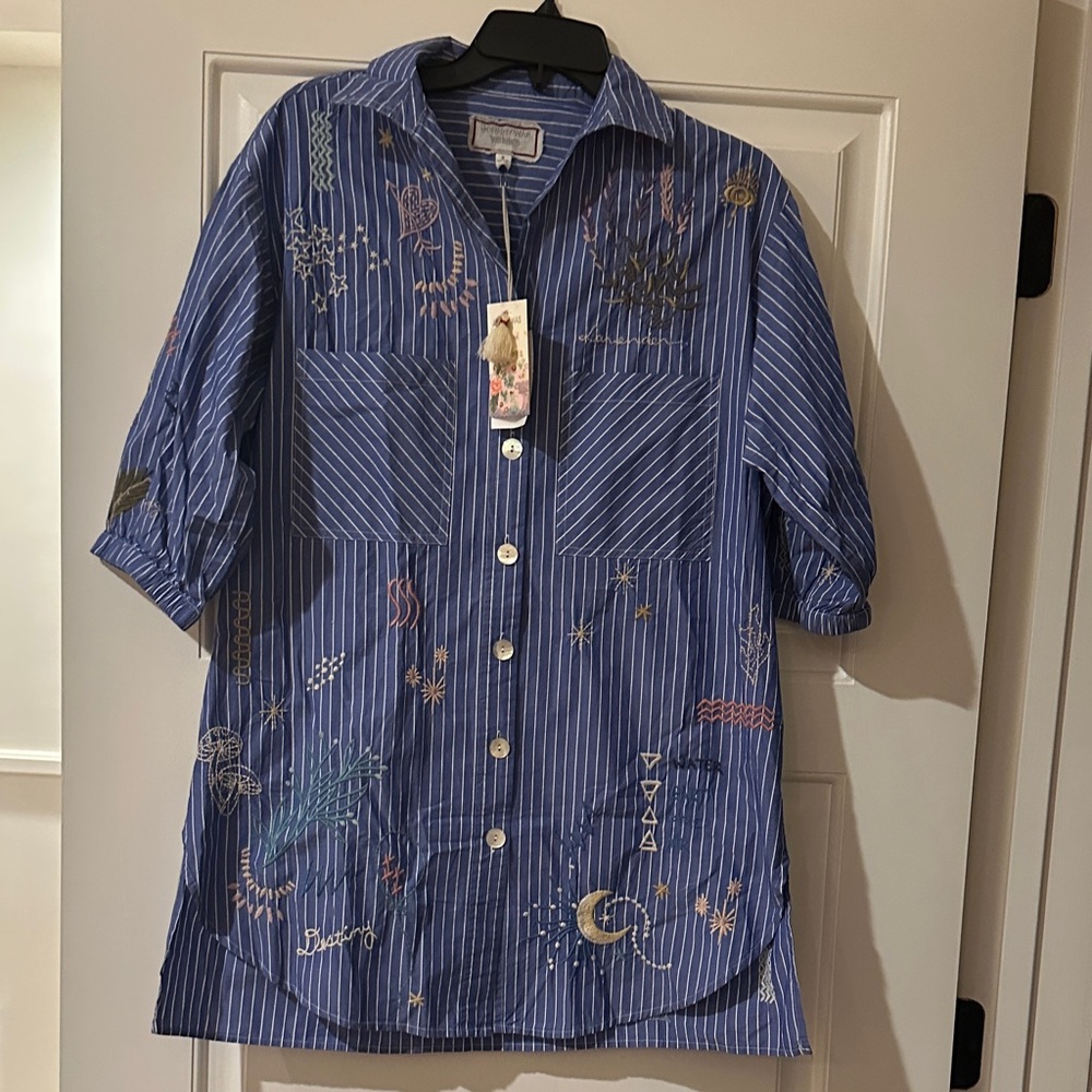 Johnny Was Blue and White Striped Shirt